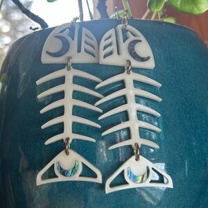 Salmon Ghost | Copper Canoe Woman | Fishbone Dangle Abalone Earrings